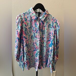 Colorful Pink and Blue Women's Button-Up Long Sleeve Blouse Size S LIKE NEW